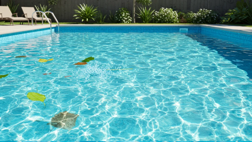 Crystal-clear swimming pool water being purified with clarifier, showing floating debris being filtered out.